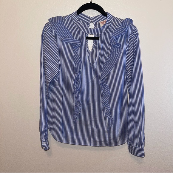 Mossimo Blue & White Striped Ruffle Keyhole Cotton Shirt Medium - Picture 10 of 13
